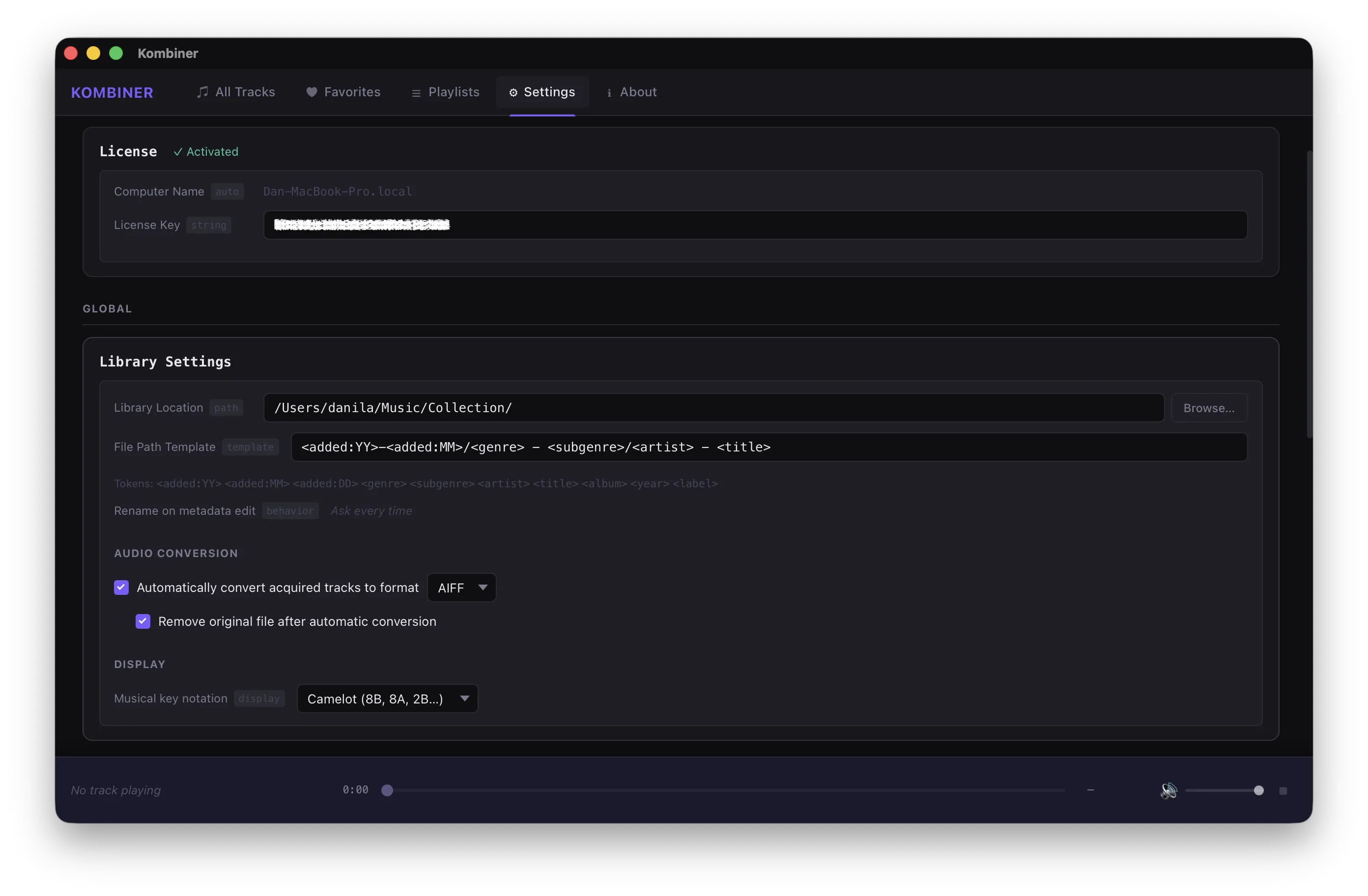 The Settings screen showing Library Location, File Path Template, and Audio Conversion settings