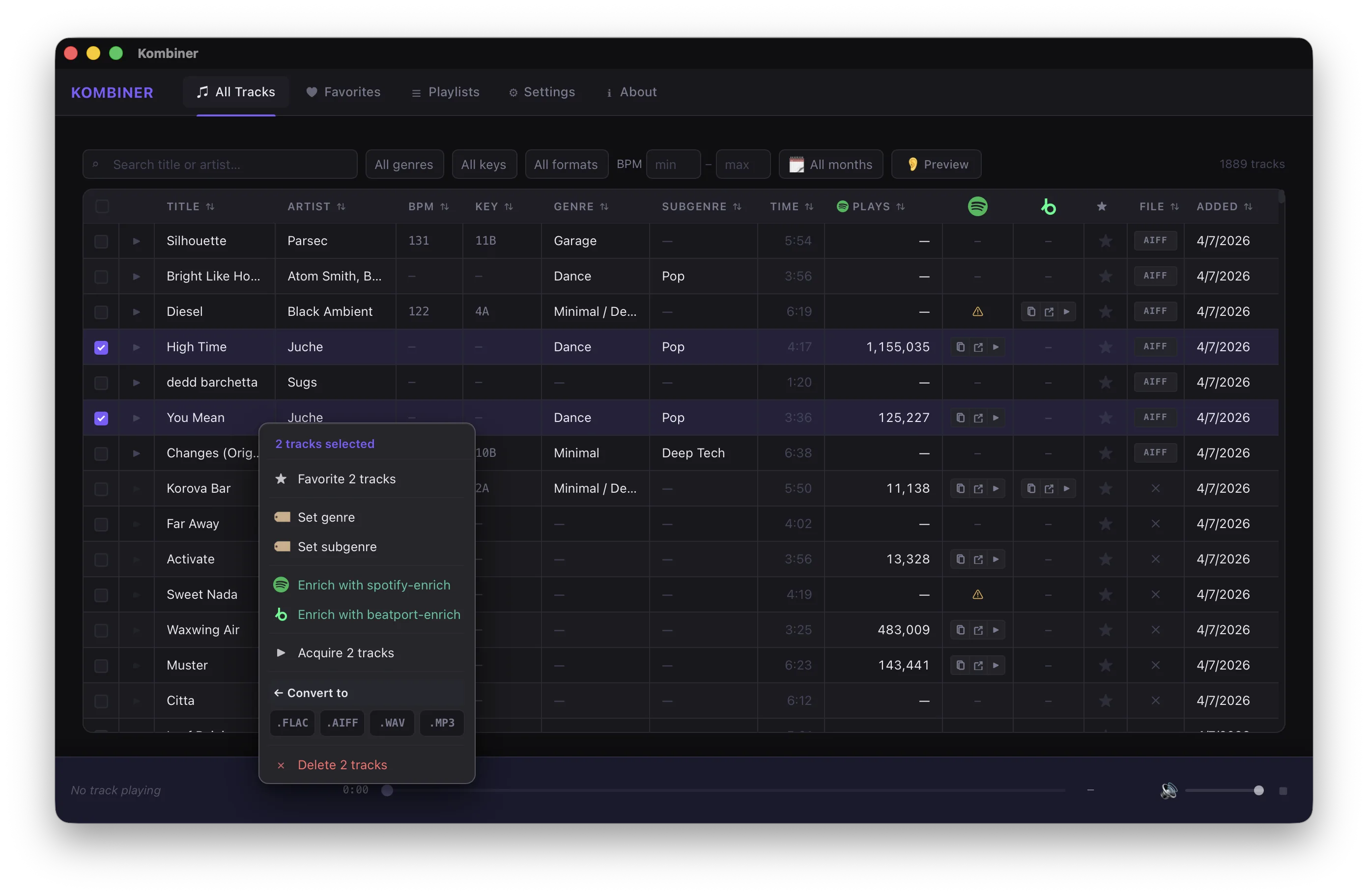 The batch actions menu expanded to show the full Convert to section with format options (.FLAC, .AIFF, .WAV, .MP3)
