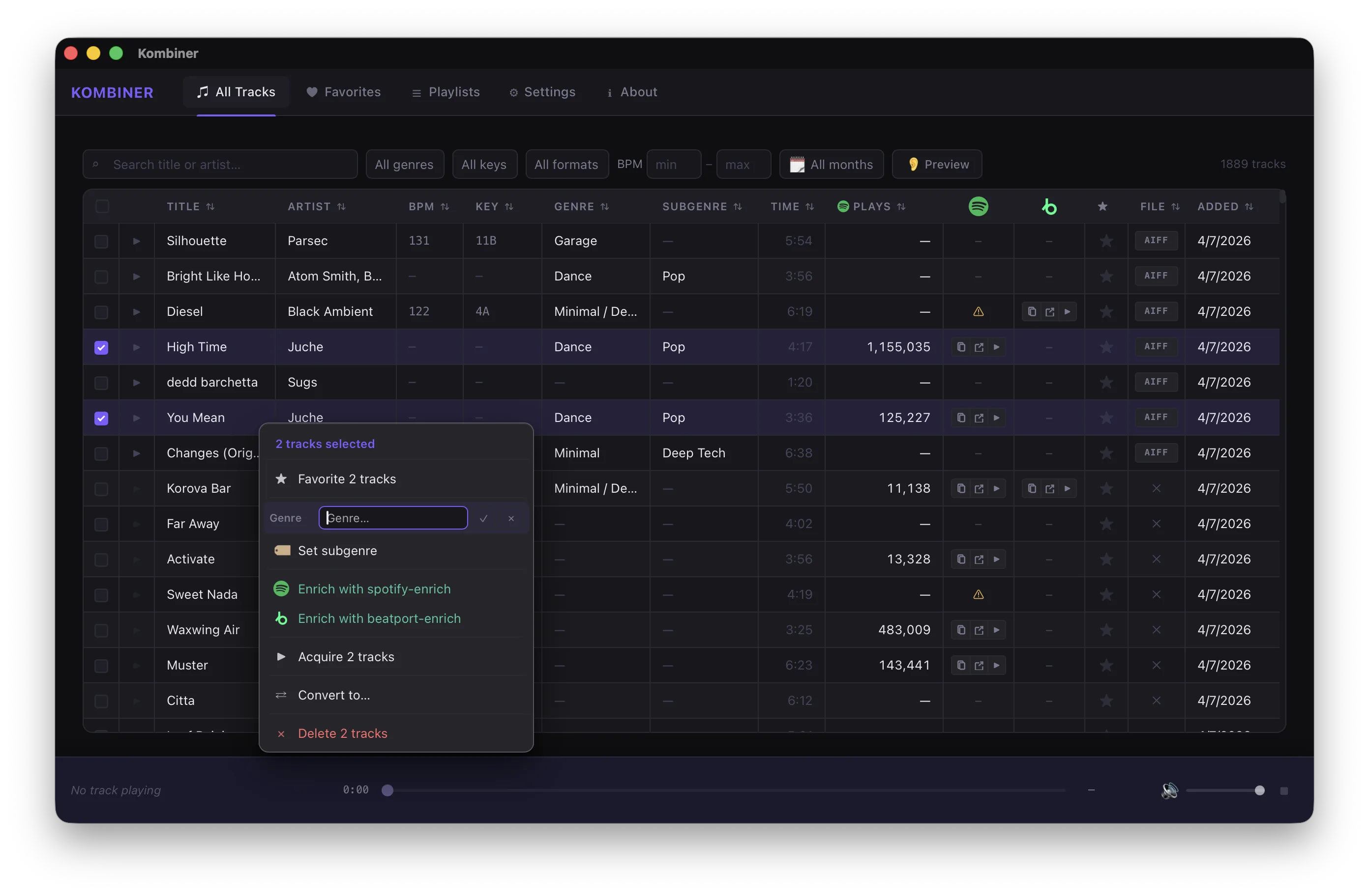 The batch actions menu with multiple tracks selected, showing genre editing, plugin enrichment, conversion, and delete options