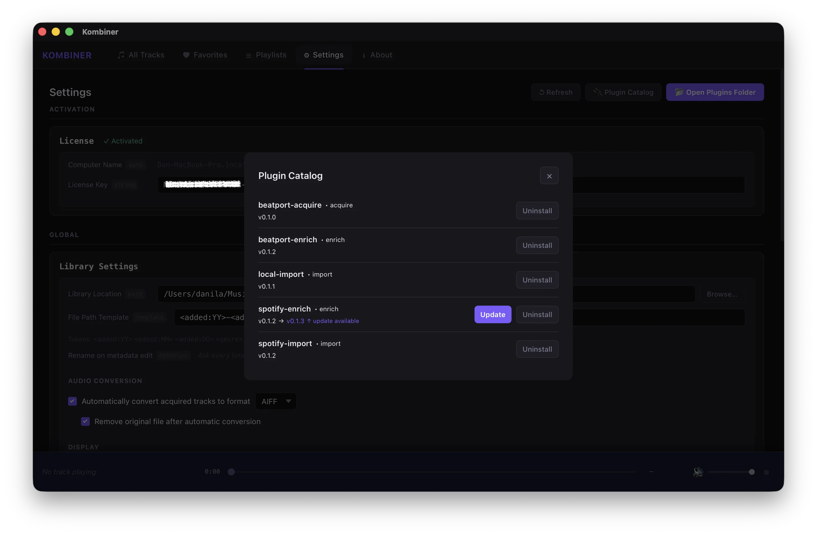 The Plugin Catalog showing installed plugins with version info and update/uninstall options