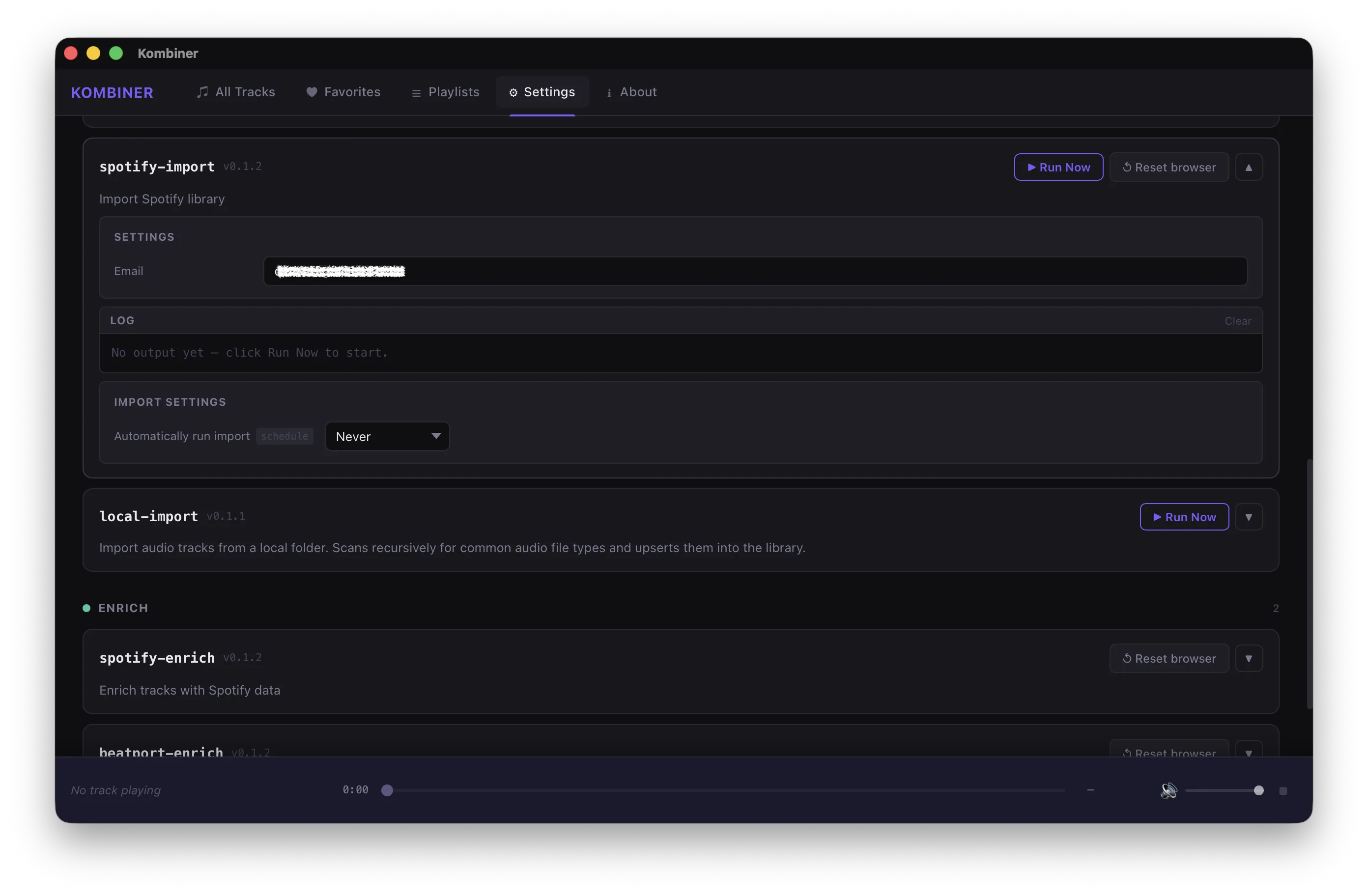 A plugin's settings panel showing auth credentials, log output, and automatic run schedule