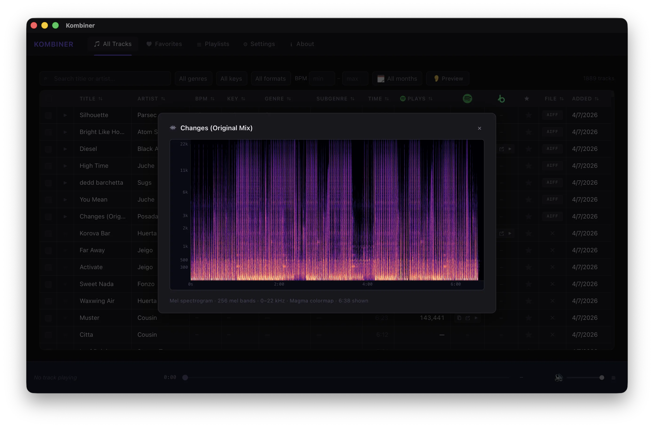 The Spectrogram view showing a full frequency analysis of a track, with frequency bands labeled on the Y-axis and time on the X-axis