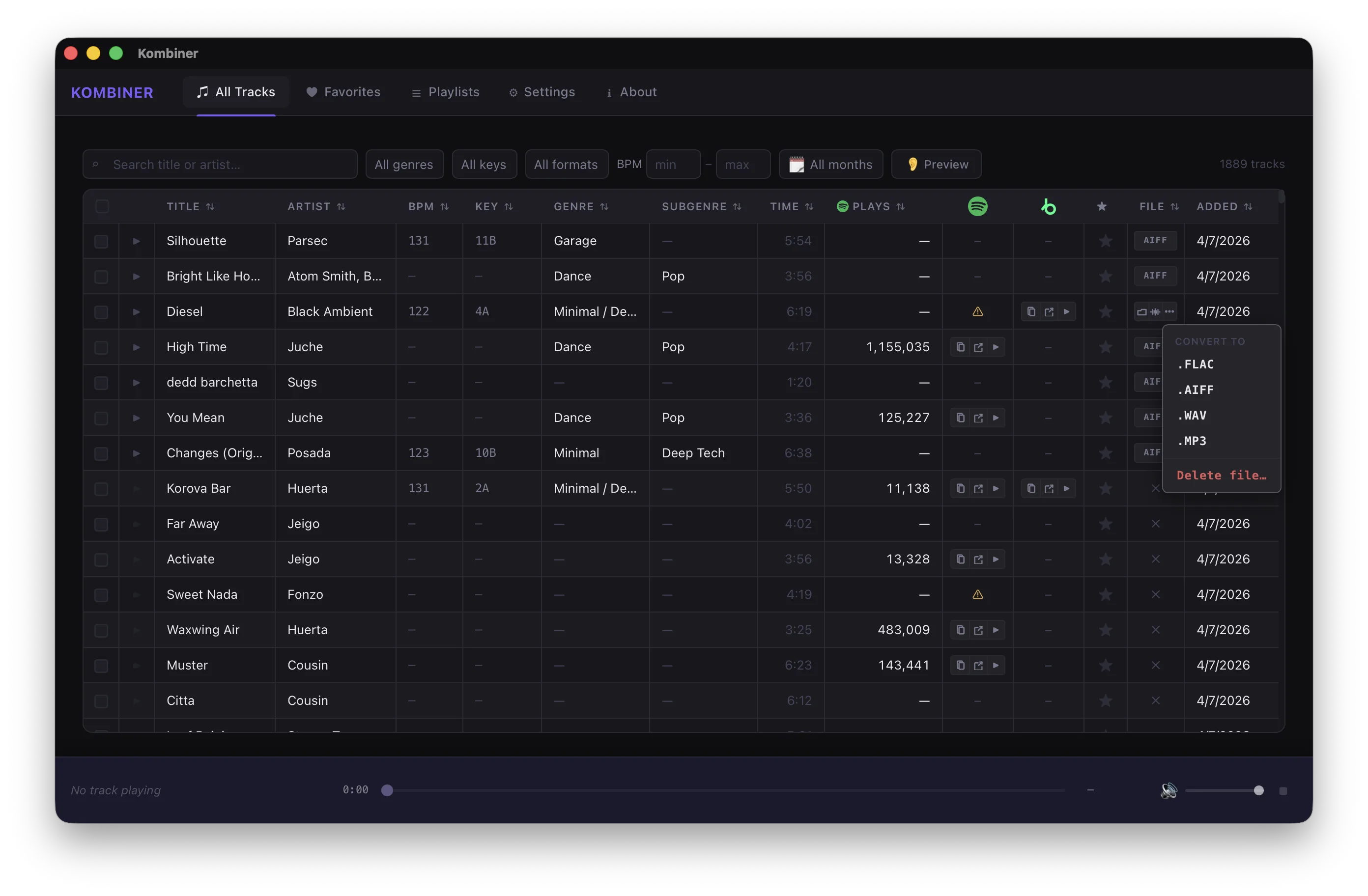 The per-track file menu showing format conversion options (.FLAC, .AIFF, .WAV, .MP3) and the Delete file action