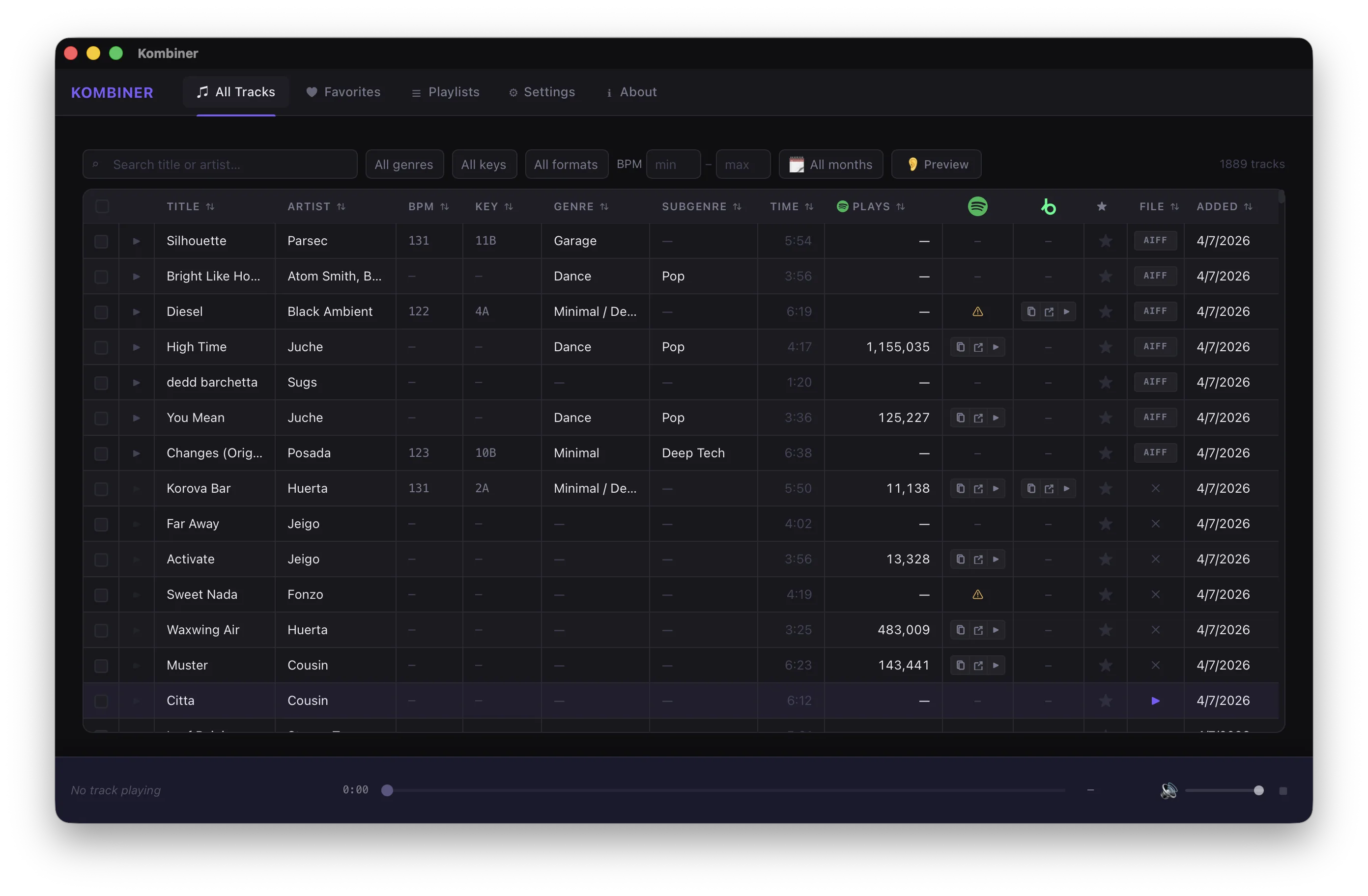 The All Tracks table showing BPM, key, genre, subgenre, duration, and file format columns across the full library