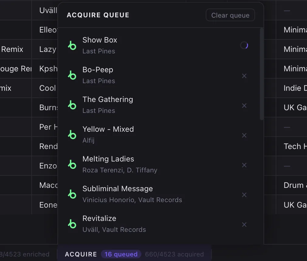 Tracks being added to the Acquire cart