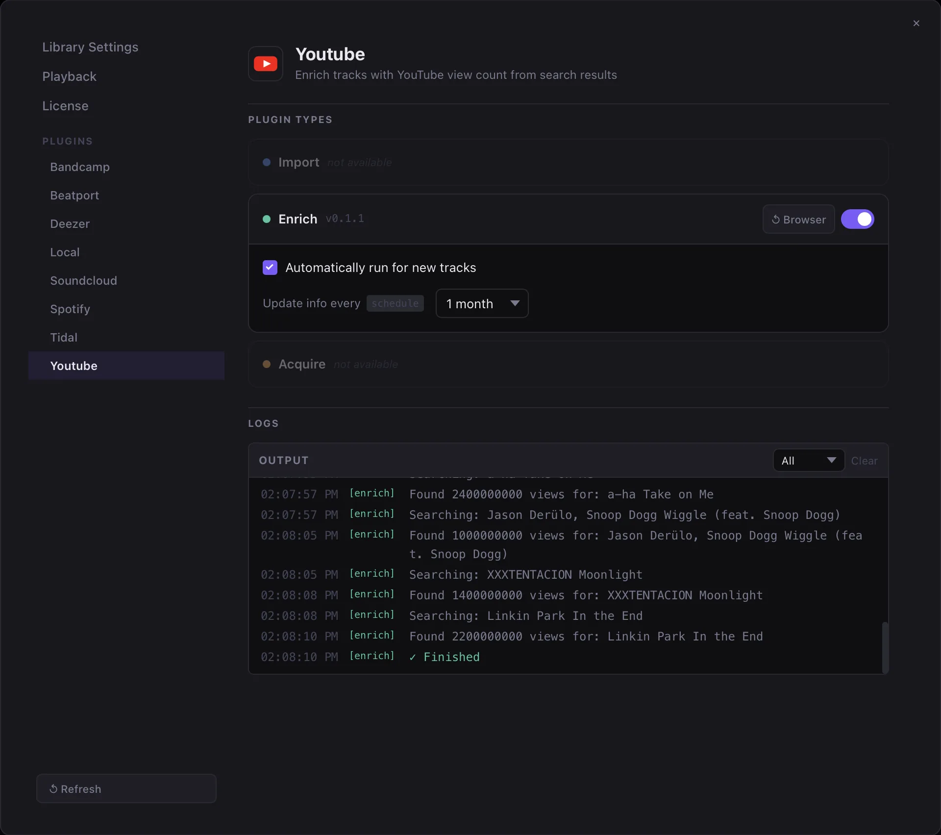 Plugin settings with progress bar and log