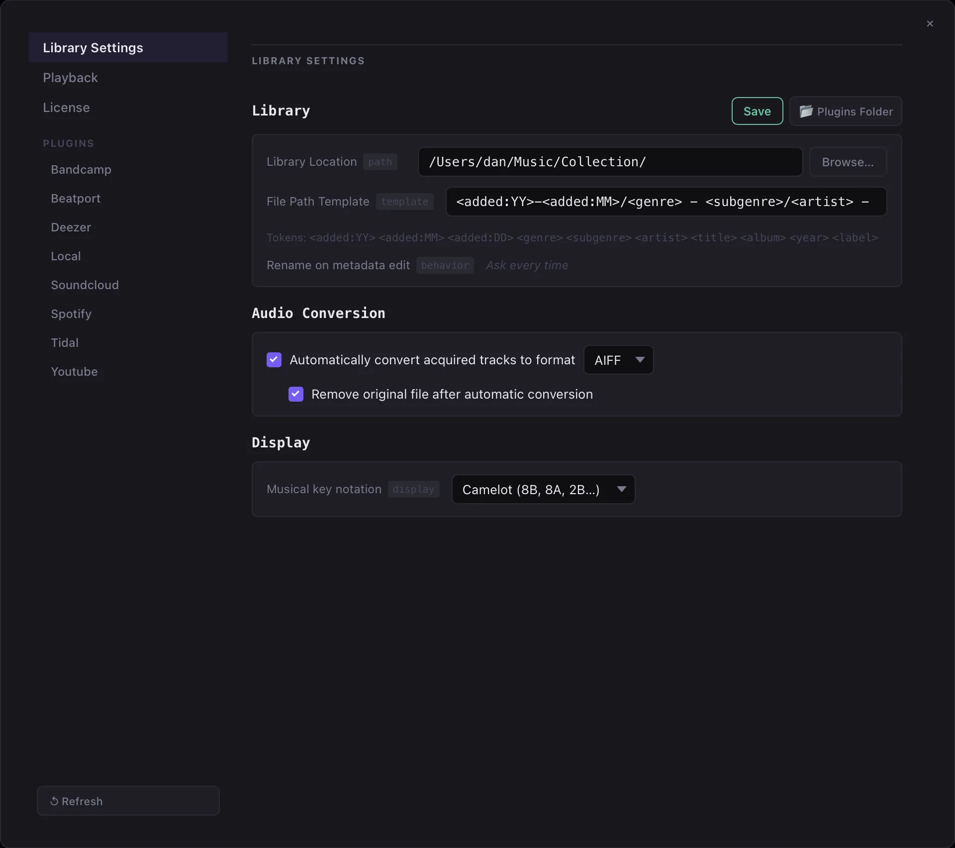 Settings panel