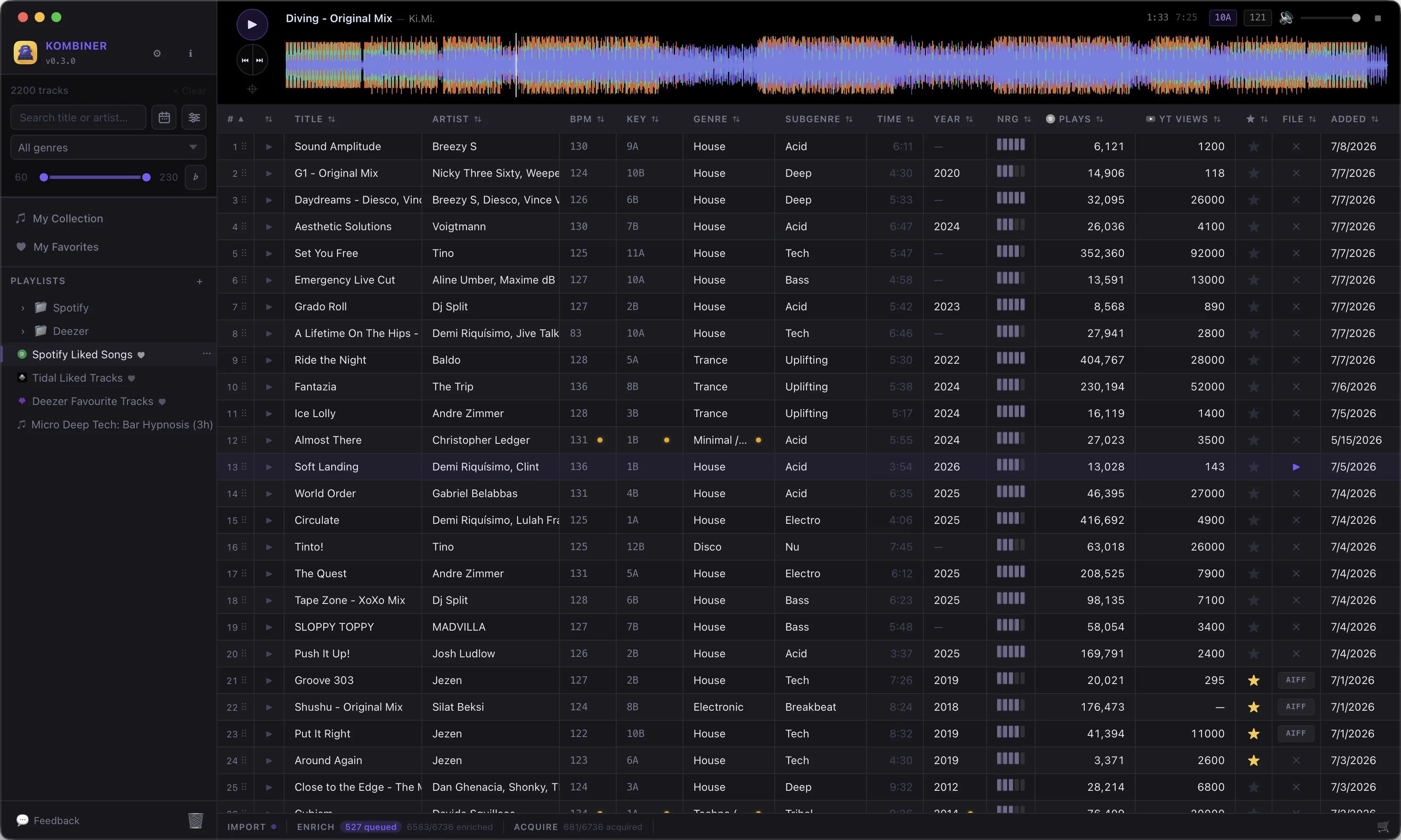 Kombiner v0.2.0 – music library with waveform player, BPM, key and plays count